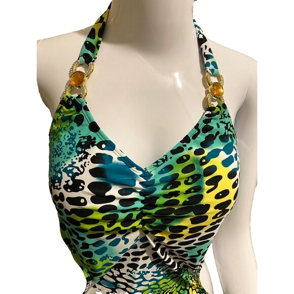 La Moda Swim XL NWT Monokini Cut Out Halter One-Piece Animal Print Rhinestones - Picture 3 of 8